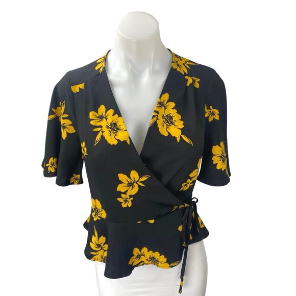 Miss Selfridge Black Yellow Floral Short Sleeve Wrap Peplum Blouse Top Size 2 - Picture 1 of 3